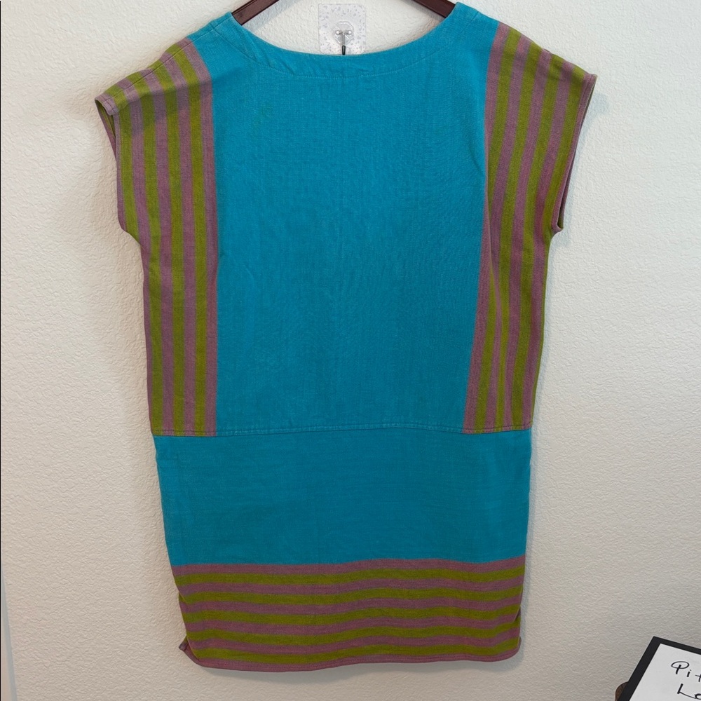 Uncle Frank Pink and Lime Striped Mini Dress with Blue Stitching - Picture 2 of 11